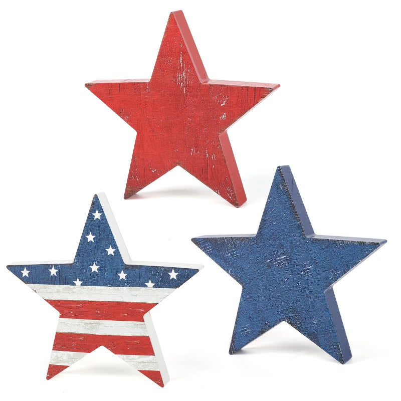 Sereliy 3 Pcs 4th of July Wooden Star Signs,Rustic Memorial Day Tiered Tray Decor, American Patriotic Table Decoration for Home Kitchen (Retro) - Image 1